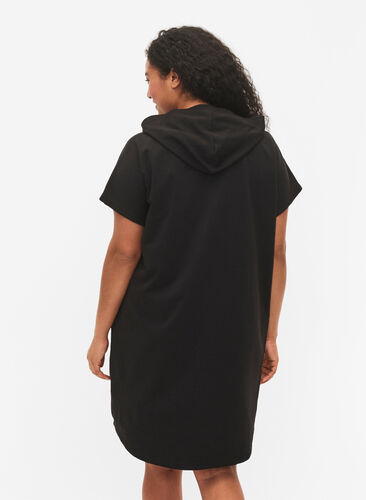 Kortærmet sweatkjole med hætte, Black, Model image number 1