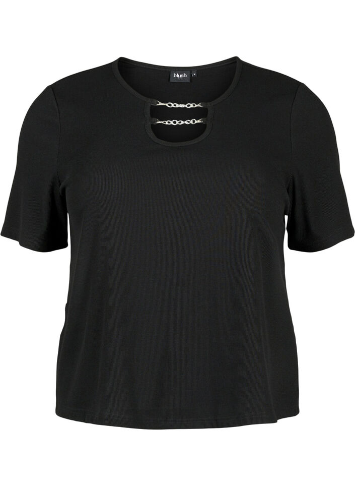 Ribbet bluse med kædedetalje, Black, Packshot image number 0