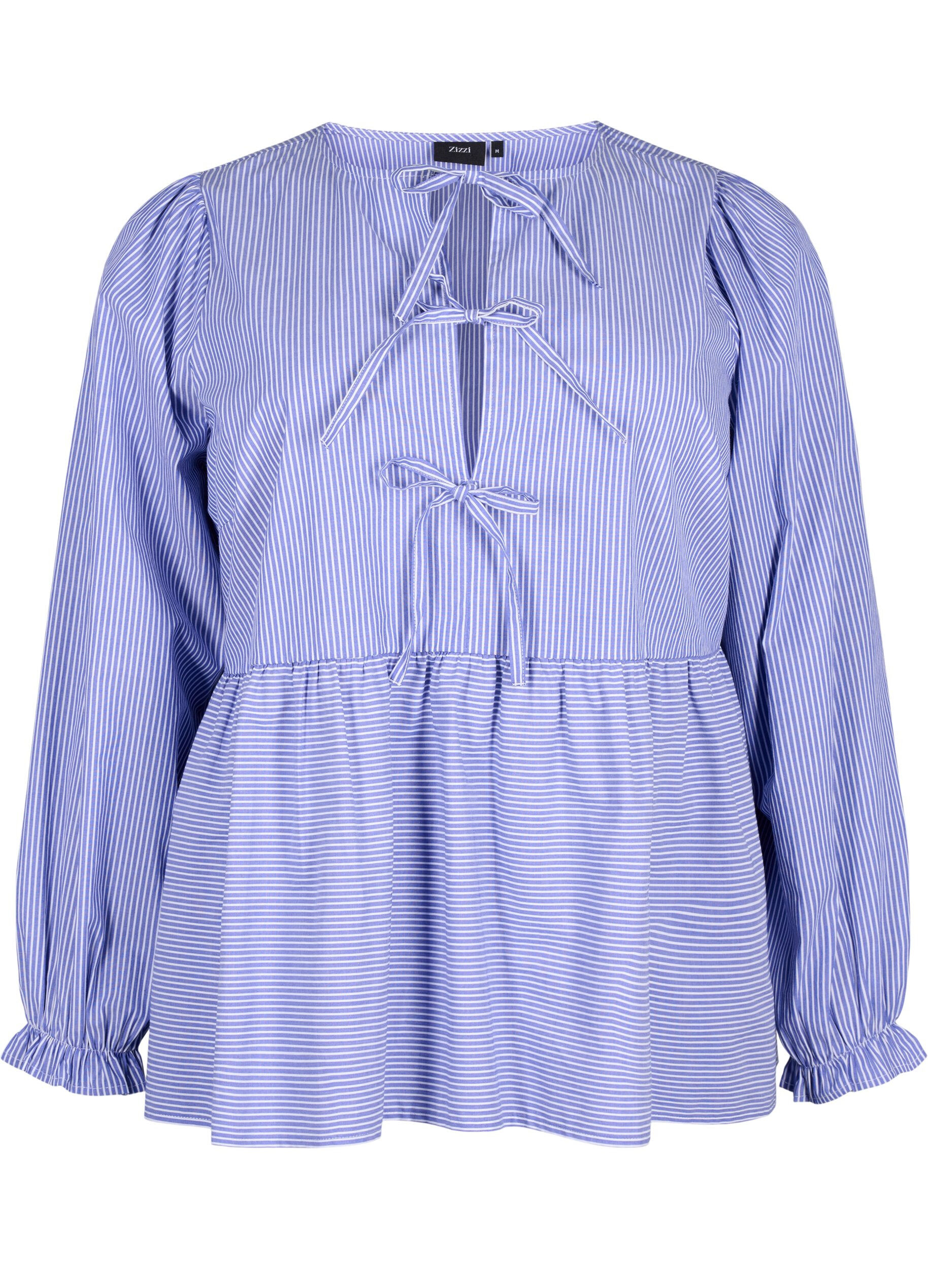 Zizzi Stribet bluse i bomuld med bindedetalje , Baja Blue Stripe, Packshot image number 0