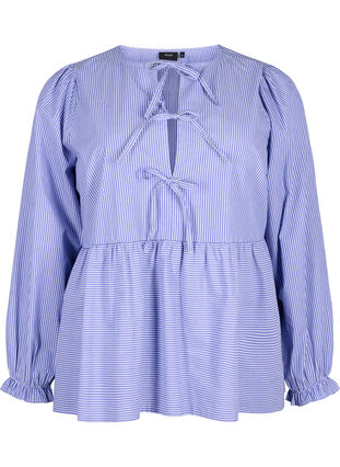 Stribet bluse i bomuld med bindedetalje , Baja Blue Stripe, Packshot image number 0