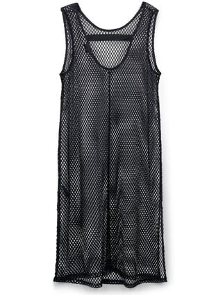 Ærmeløs net kjole med slids, Black, Packshot image number 1