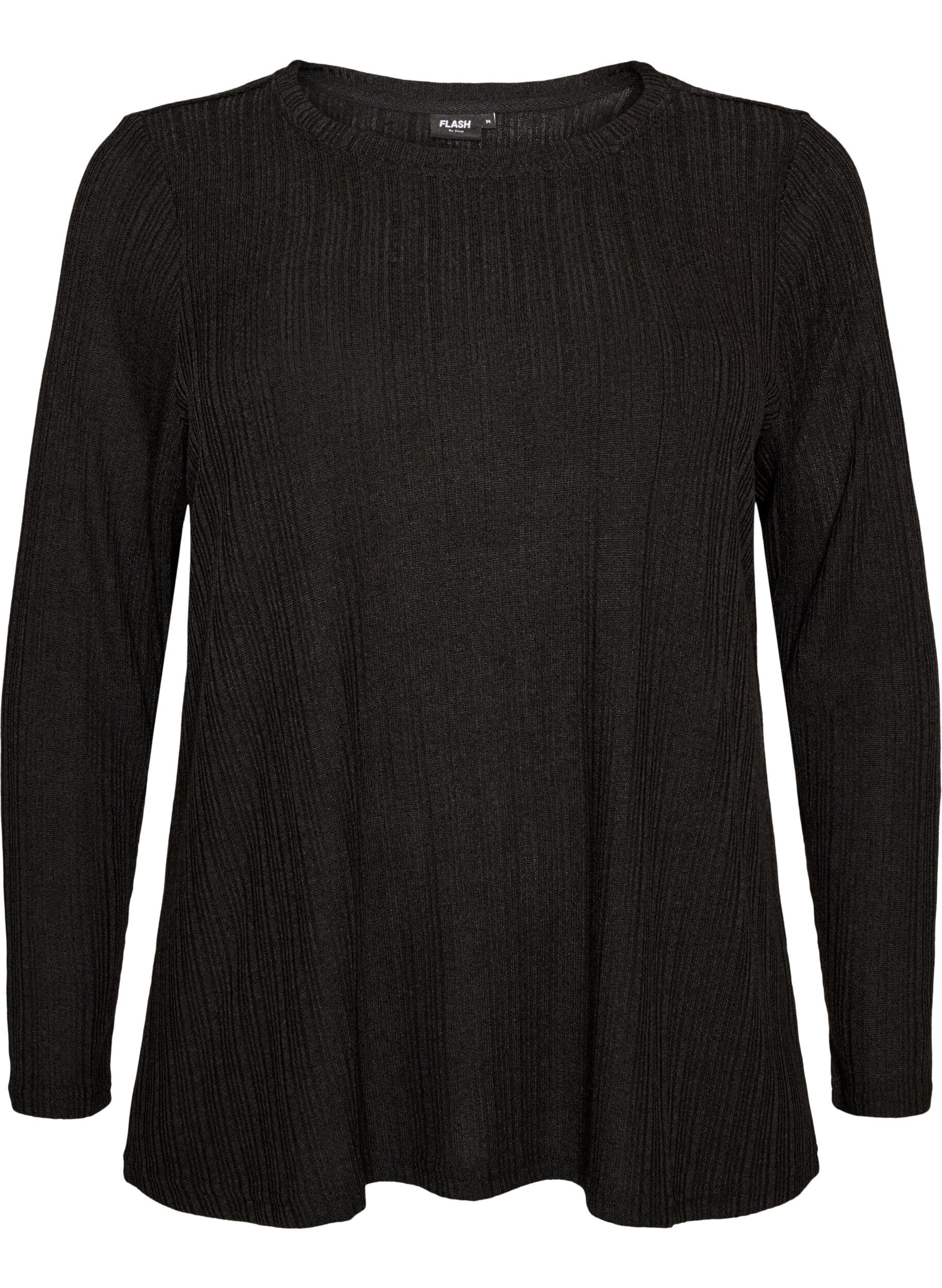 ZizziJerseybluse med ribstruktur og lange &aelig;rmer , Sort, Packshot image number 0