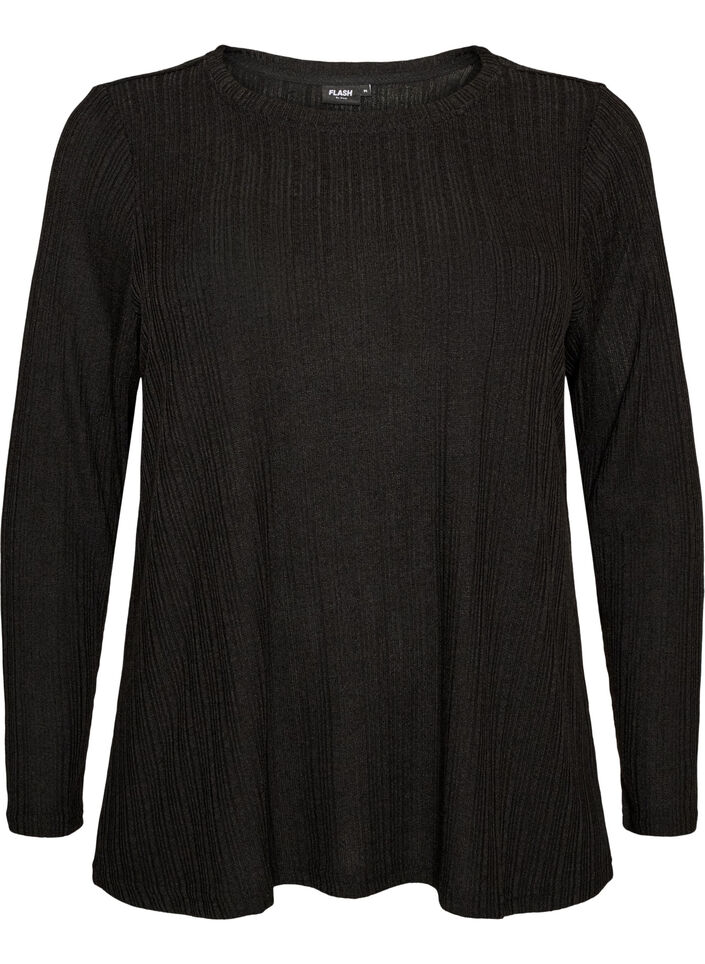 Jerseybluse med ribstruktur og lange &aelig;rmer , Sort, Packshot image number 0