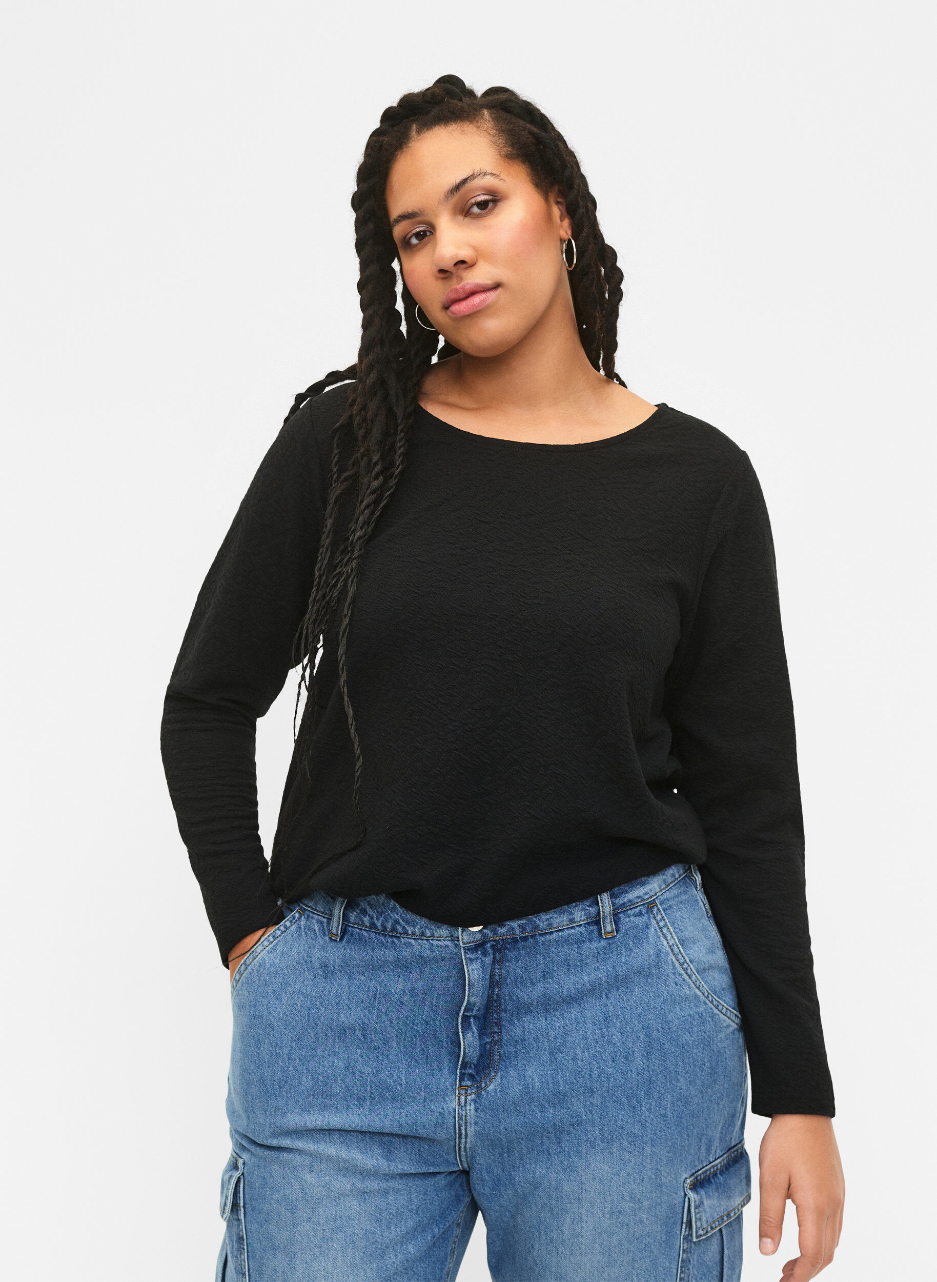 Zizzi Lang&aelig;rmet bluse med tekstur, Sort, Model image number 3