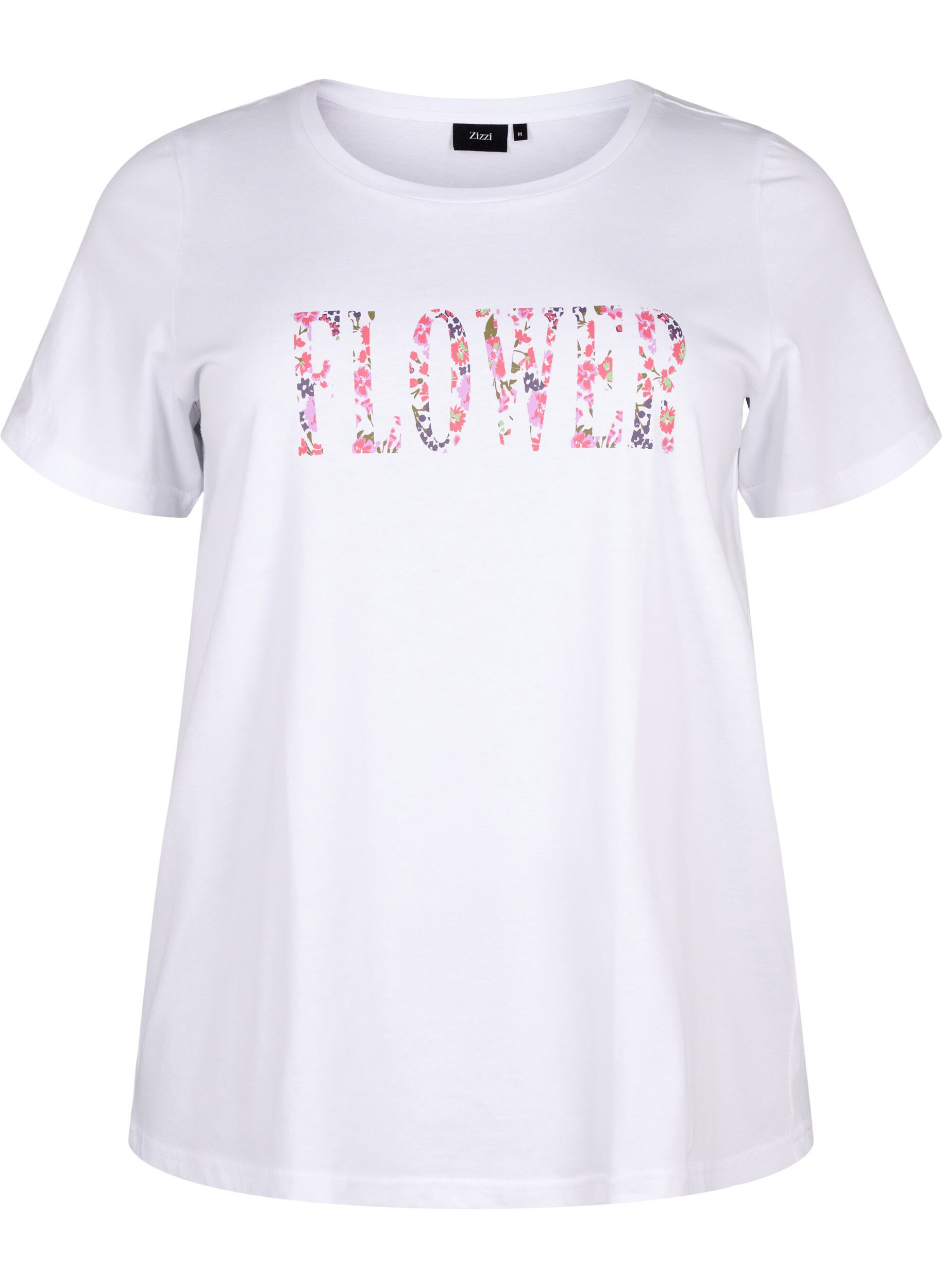 Zizzi Bomulds t-shirt med tekstprint, B. White w. Flower, Packshot image number 0