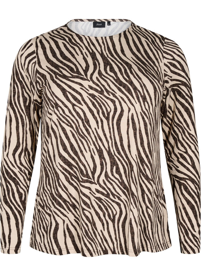 Langærmet bluse med zebraprint, Brun, Packshot image number 0
