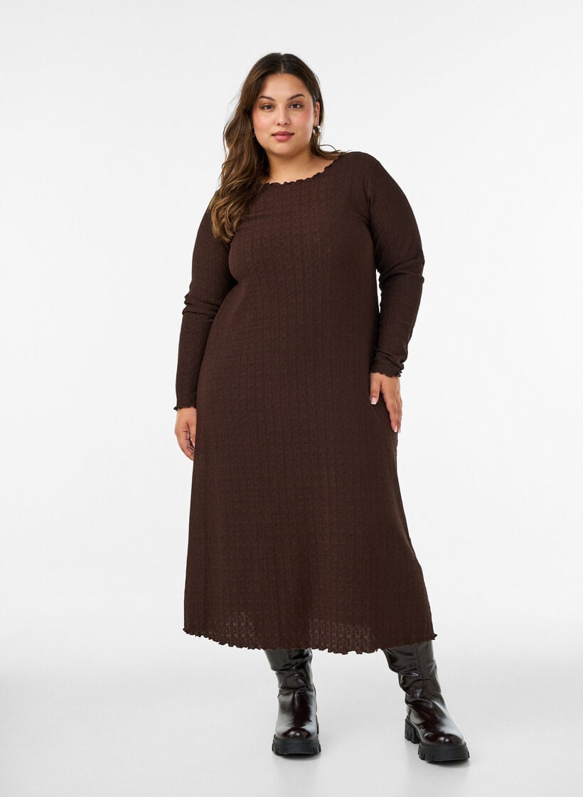 Midikjole med b&oslash;lget struktur og lange &aelig;rmer, Brun, Model image number 1
