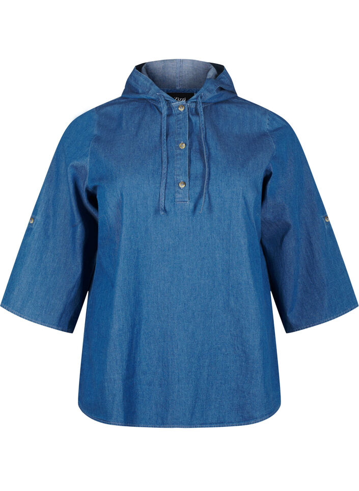 Denim bluse med hætte, Medium Blue Denim, Packshot image number 0