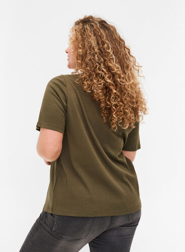 Kortærmet rib t-shirt med knapper, Ivy Green , Model image number 1