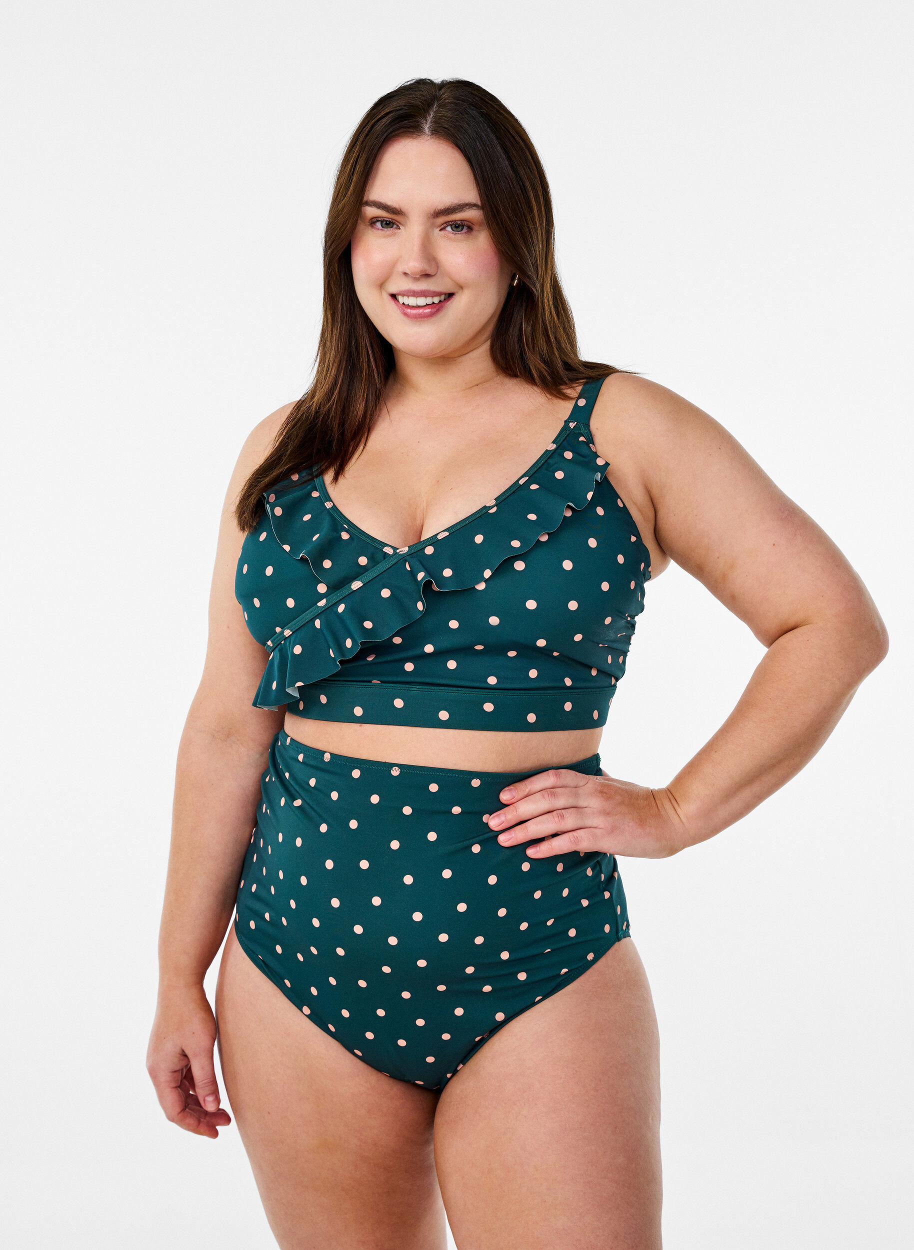 Zizzi Bikini bh med prikker og fl&aelig;sedetaljer, Gr&oslash;n, Model image number 1