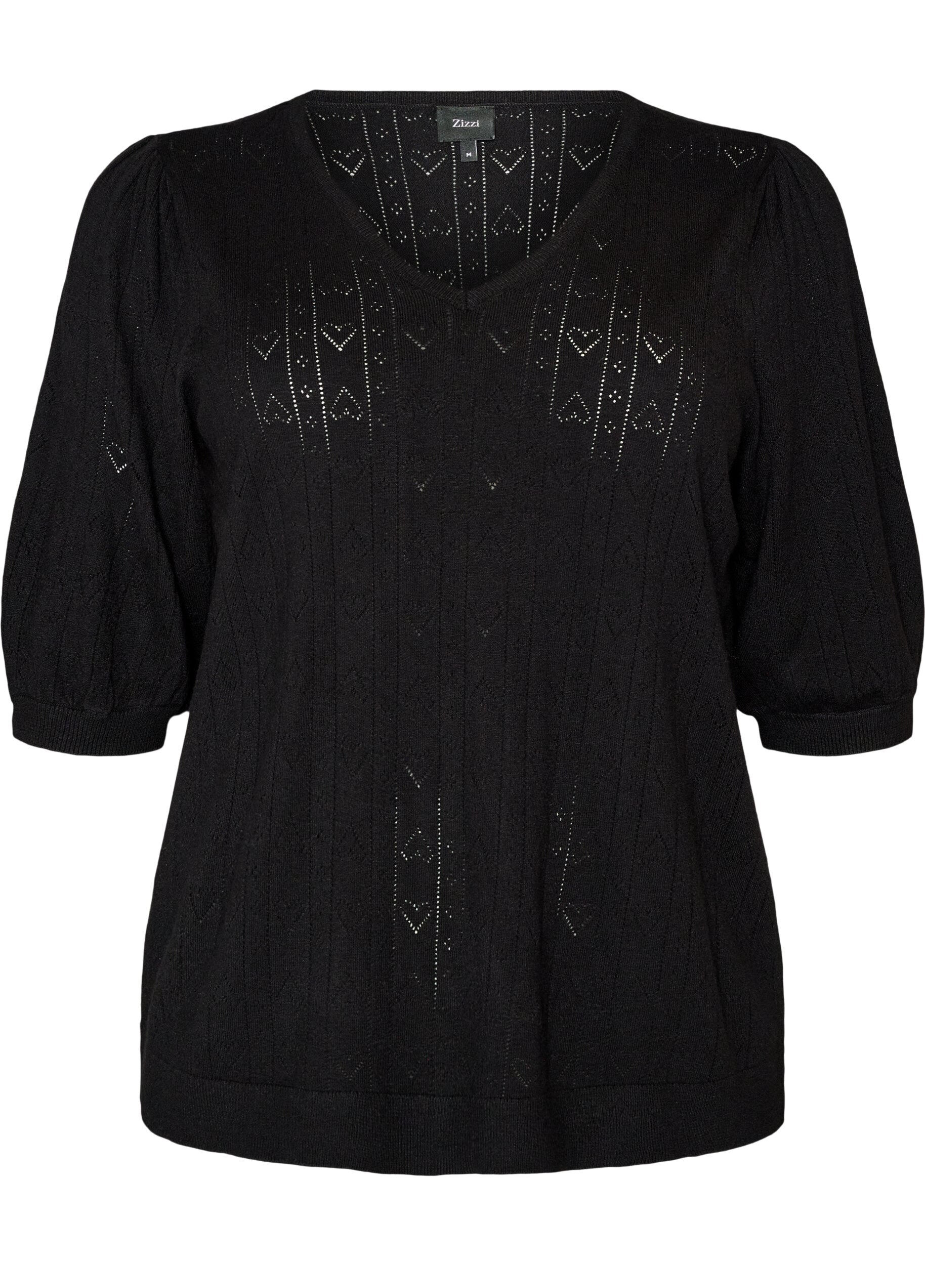 ZizziKort&aelig;rmet strikbluse med pointellem&oslash;nster, Sort, Packshot image number 0