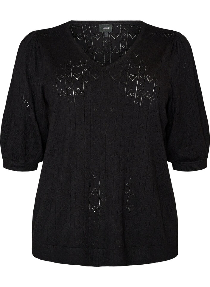 Kort&aelig;rmet strikbluse med pointellem&oslash;nster, Sort, Packshot image number 0