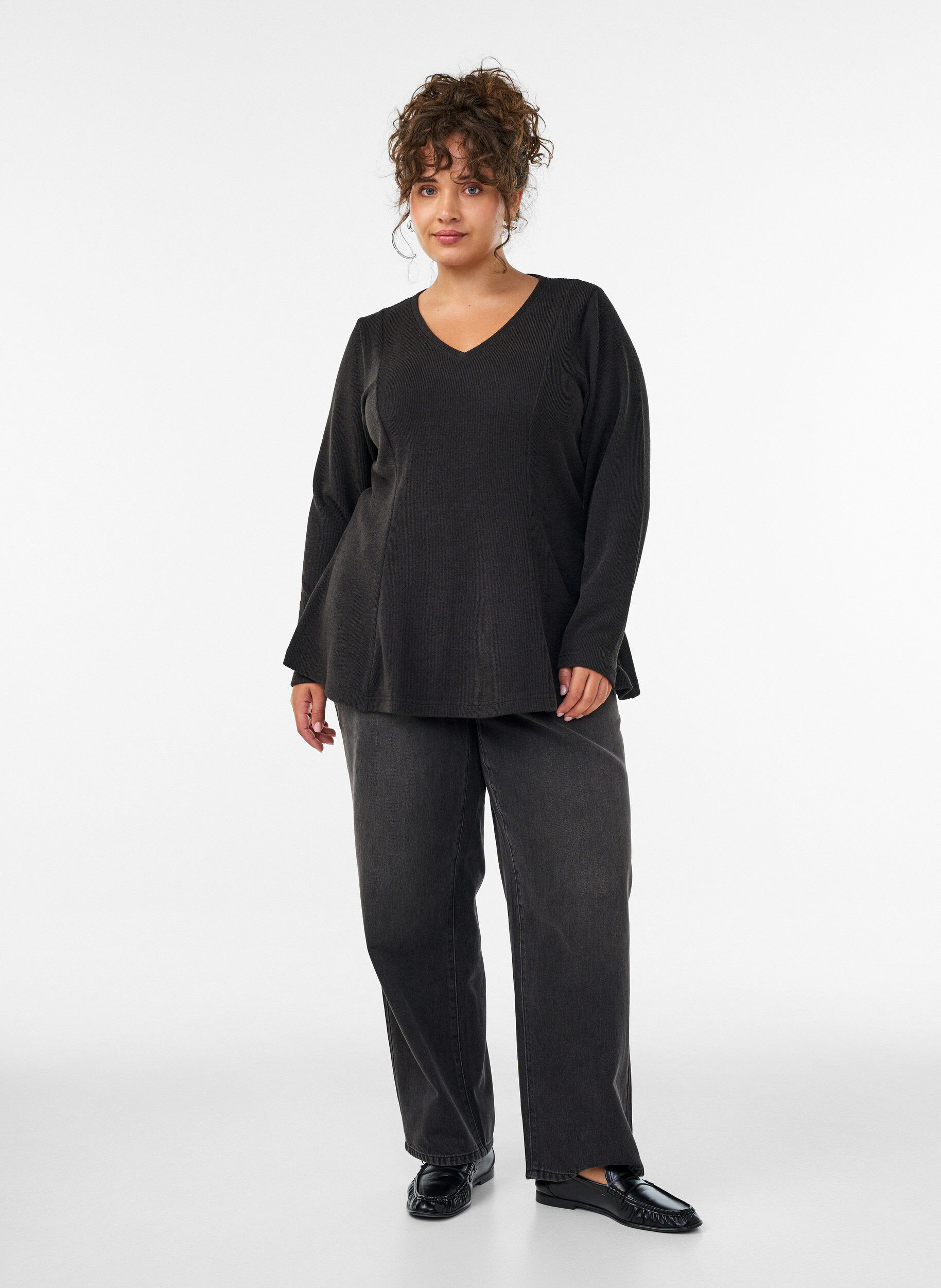 ZizziJerseybluse med ribstruktur og A-form, Sort, Model image number 1
