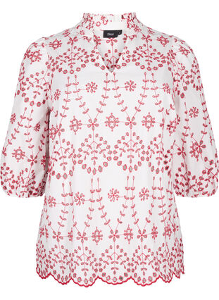 3/4 ærmet bluse med kontrastfarvet broderi anglaise, White w. Red, Packshot image number 0