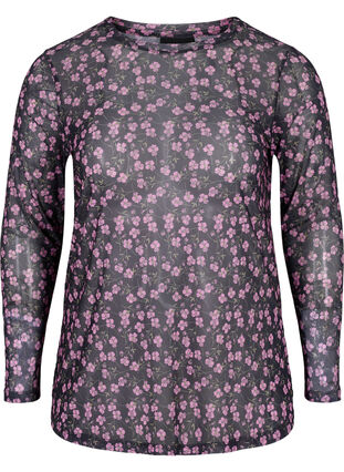 Langærmet mesh bluse med blomsterprint, Flower AOP, Packshot image number 0
