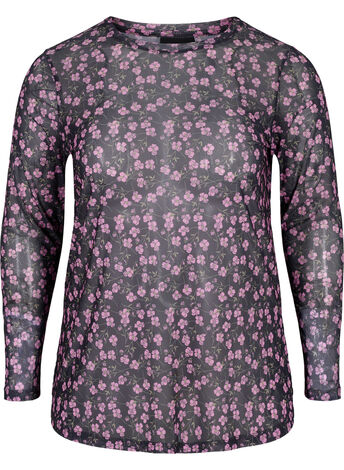 Langærmet mesh bluse med blomsterprint