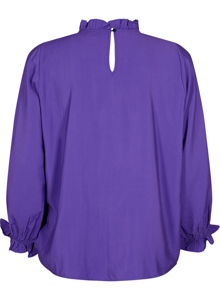 Langærmet viskosebluse med flæser, Prism Violet, Packshot image number 1