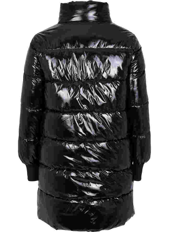 Shiny vinterjakke med lynlås og knaplukning, Black, Packshot image number 1