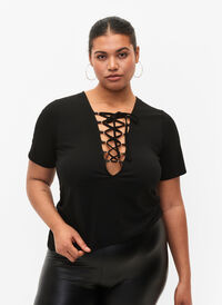 Vendbar bluse med snøredetalje, Black, Model