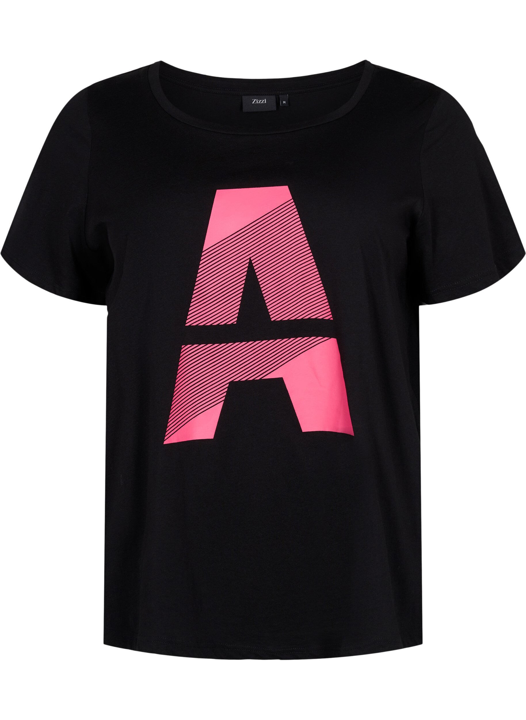 Zizzi Tr&aelig;nings t-shirt med print, Black w. Pink A, Packshot image number 0