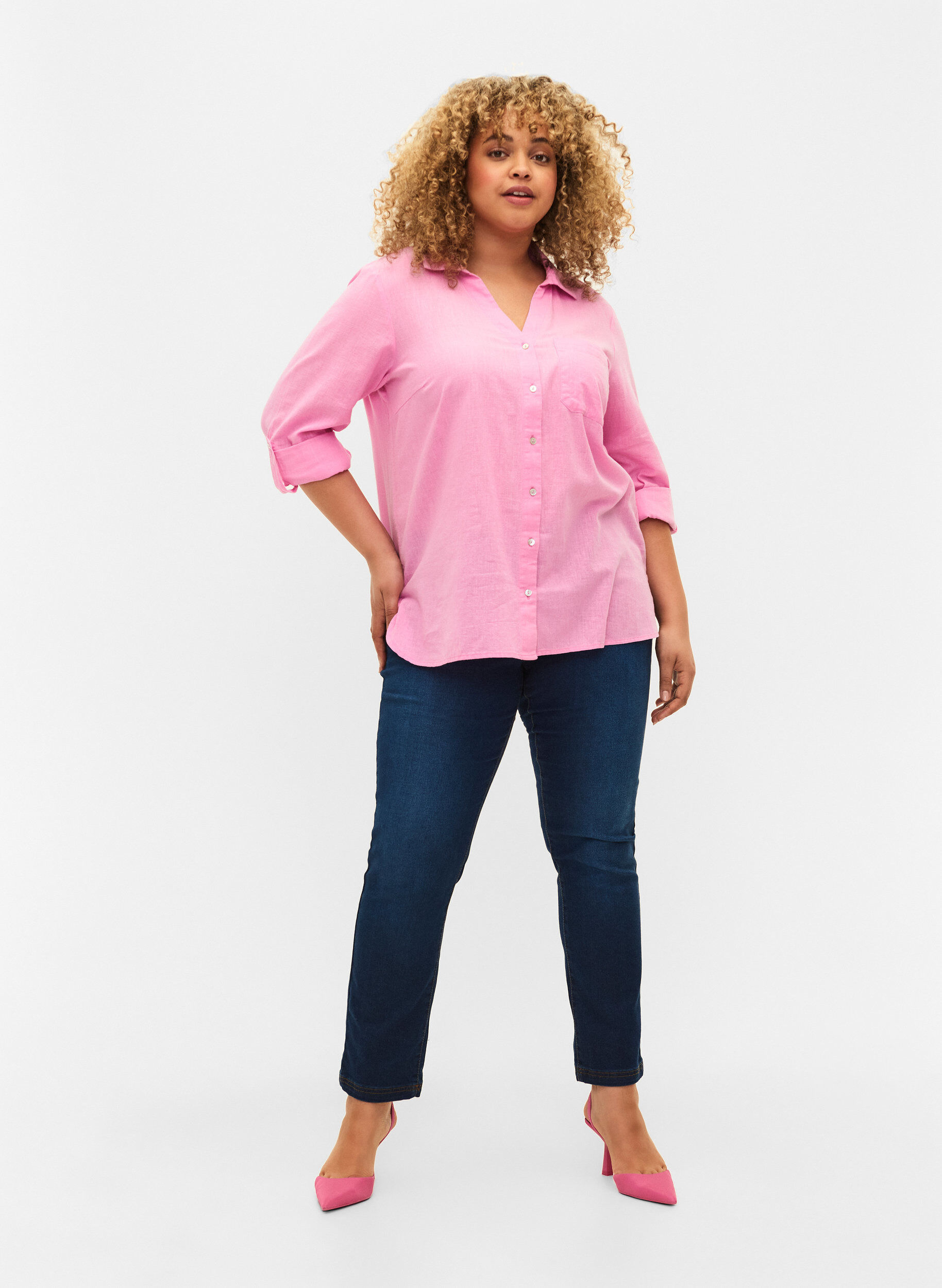 Zizzi Skjortebluse med knaplukning, Begonia Pink, Model image number 2