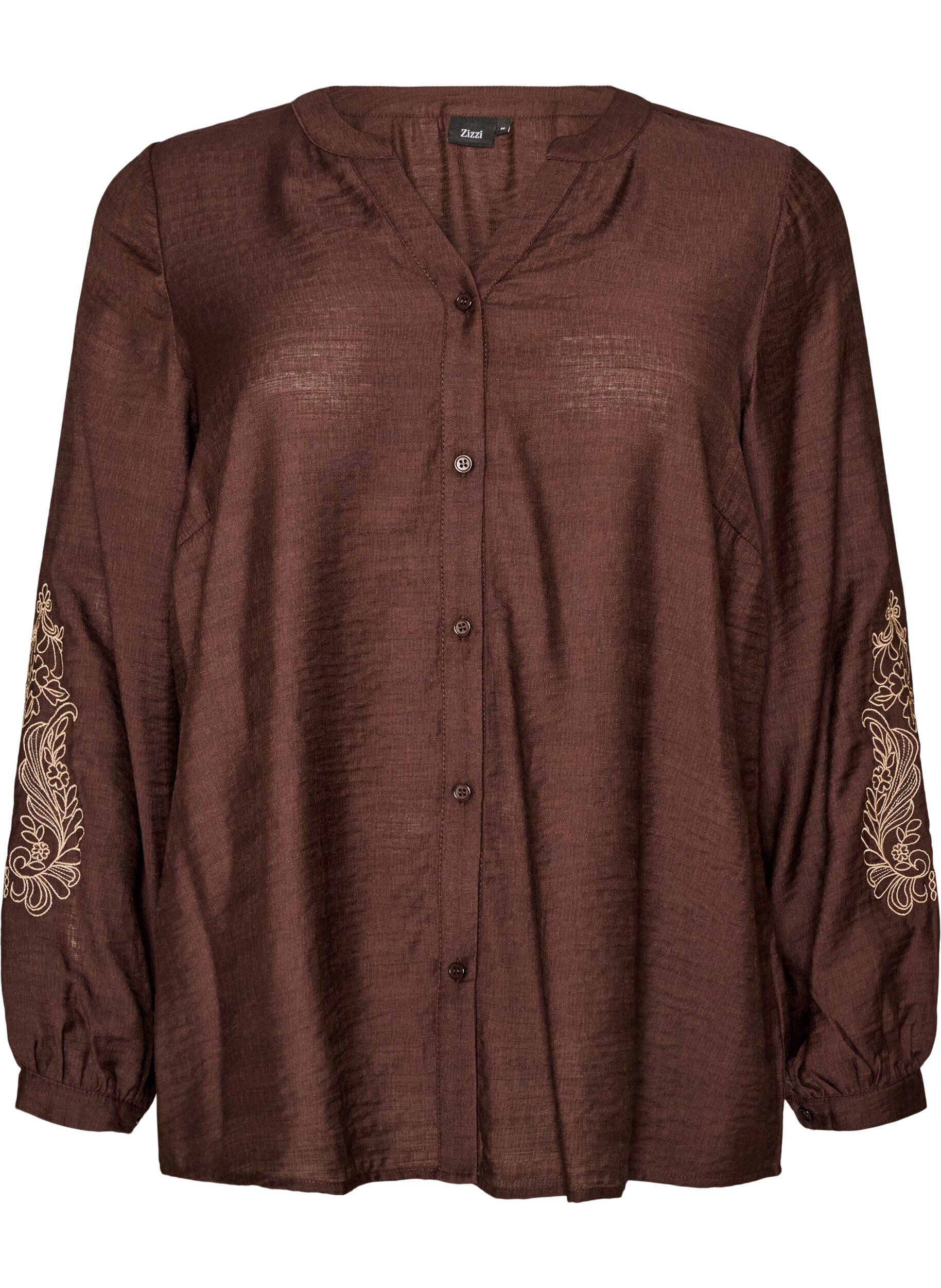 ZizziSkjorte i viskose med broderi p&aring; &aelig;rmer, Brun, Packshot image number 0