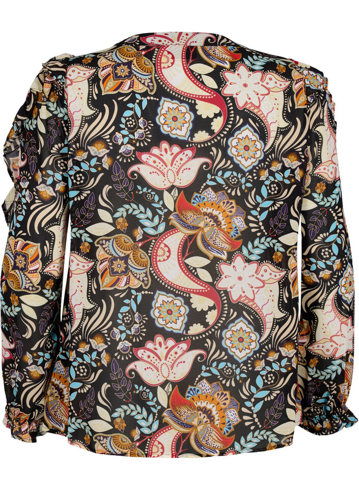 Skjortebluse med fl&aelig;ser og paisleyprint, Black Paisley, Packshot image number 1