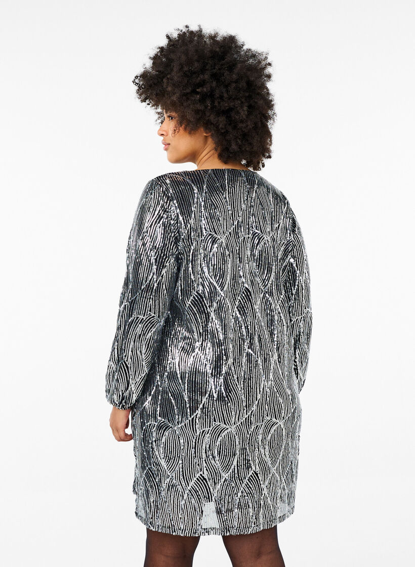 Langærmet pailletkjole med mønster, Silver Sequins, Model image number 1