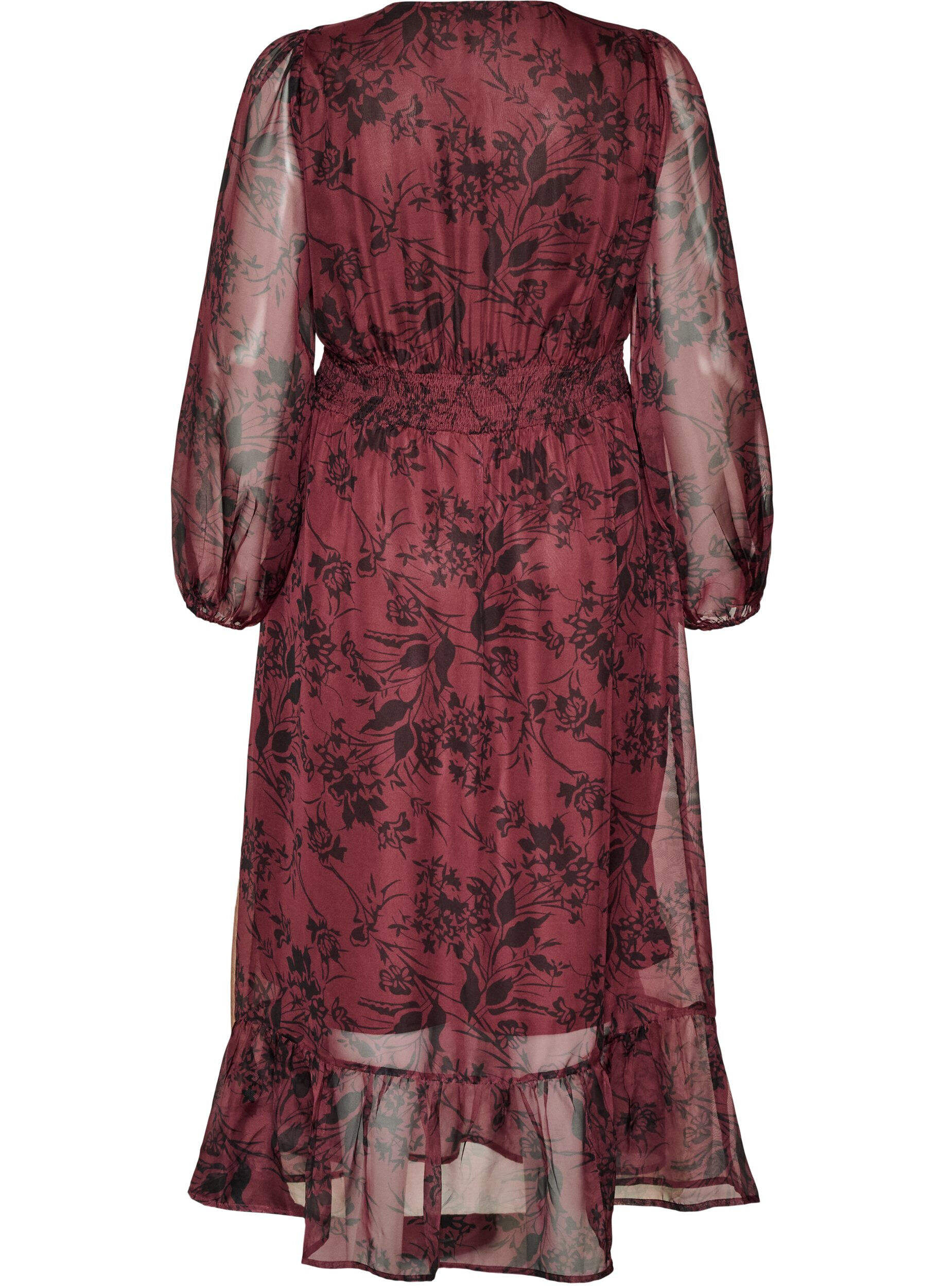 ZizziMaxikjole med blomsterprint og smock, M&oslash;rk Bordeaux, Packshot image number 1