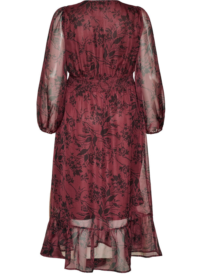 Maxikjole med blomsterprint og smock, M&oslash;rk Bordeaux, Packshot image number 1