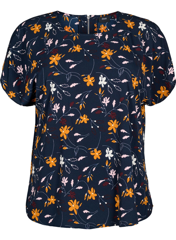 Kortærmet bluse med blomsterprint, Sky Captain Flower, Packshot image number 0