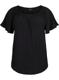 Ensfarvet viskose bluse med korte ærmer, Black