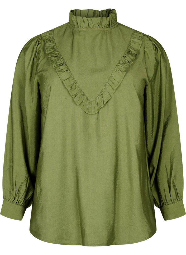 Viskosebluse med flæser, Loden Green, Packshot image number 0