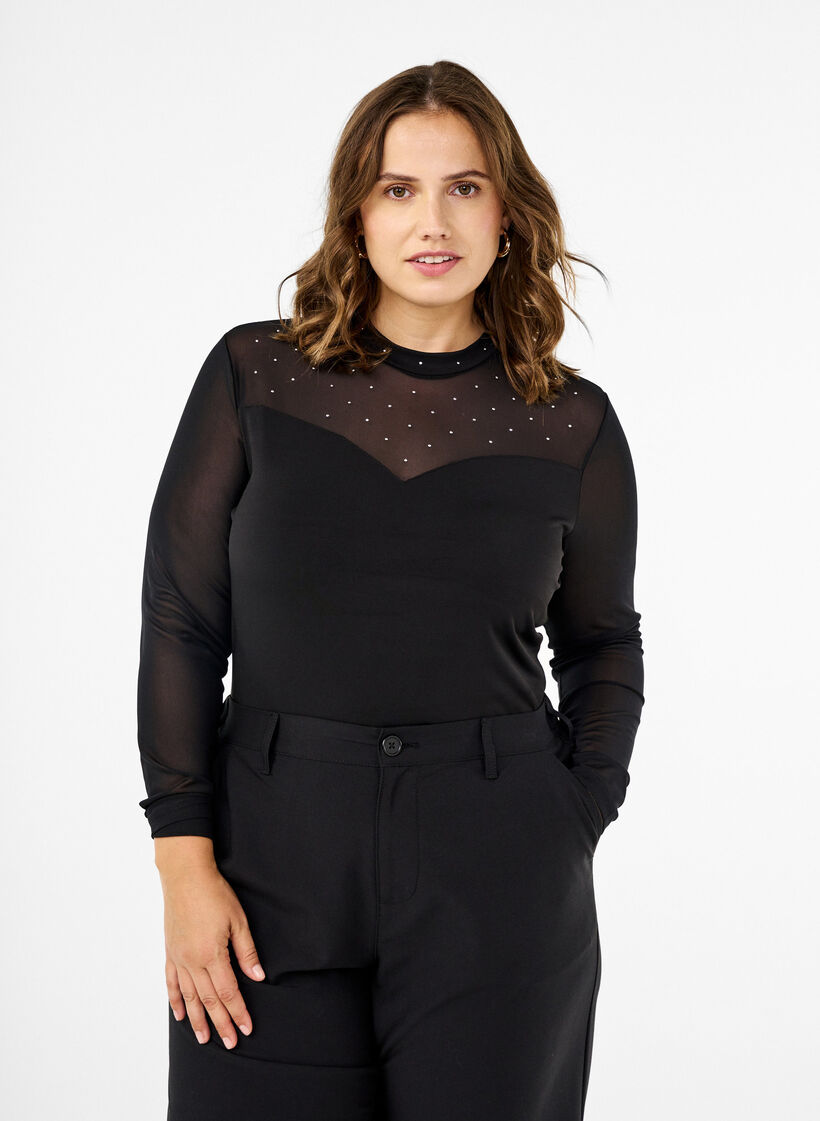 Bodystocking med nitter og lange mesh ærmer, Black, Model image number 0