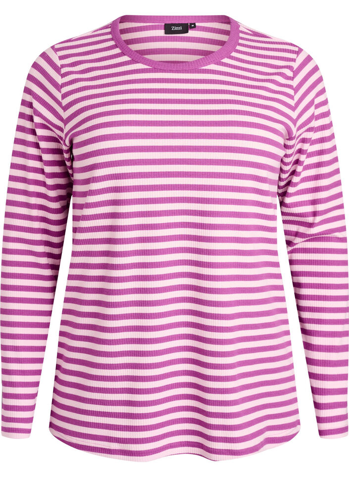 Stribet bluse med lange &aelig;rmer, Lilla, Packshot image number 0