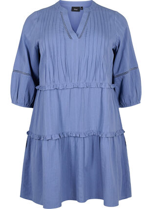 Kjole i bomuld med 3/4 ærmer og flæser, Moonlight Blue, Packshot image number 0