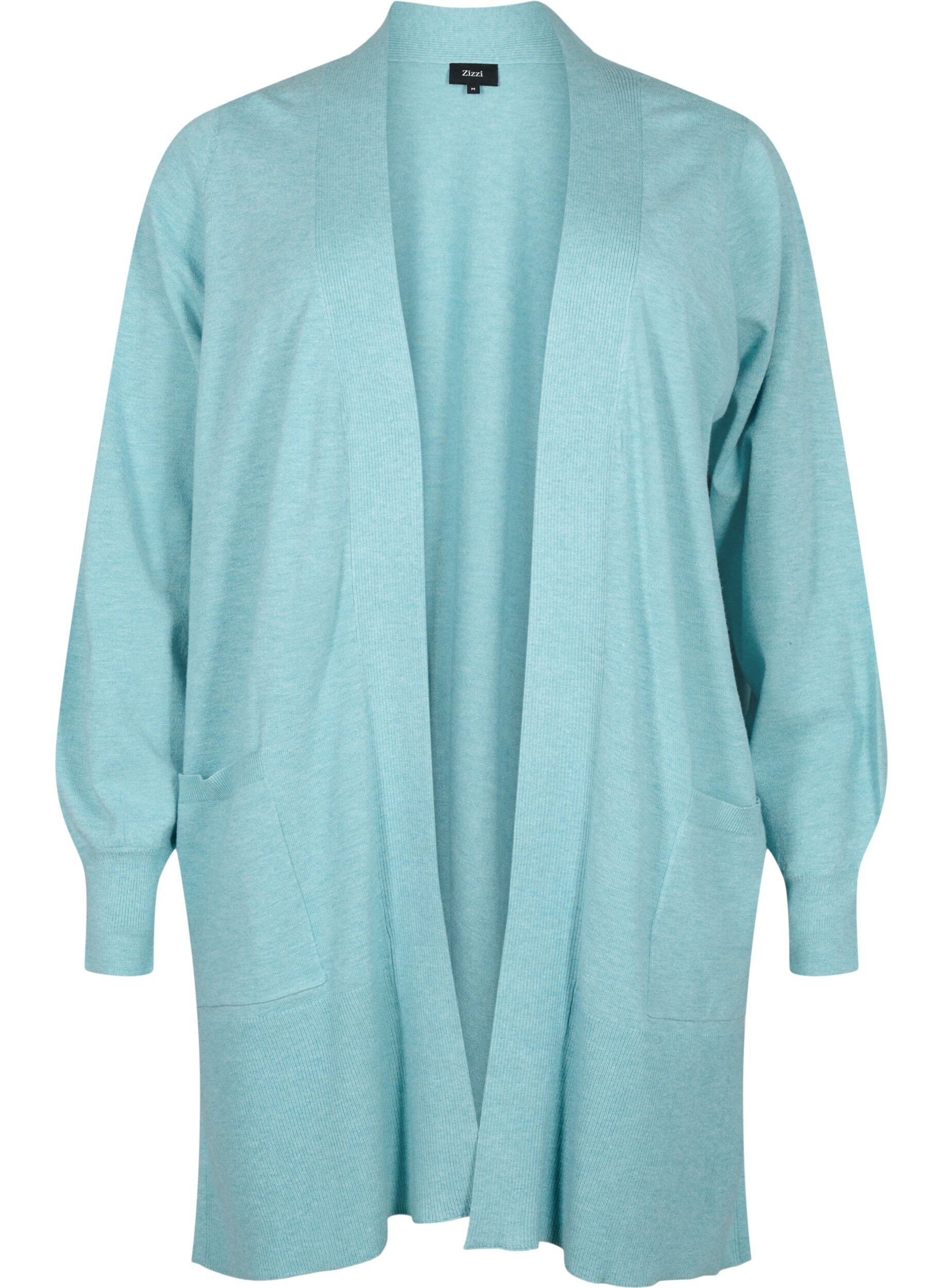 Zizzi Lang strikket cardigan med lommer, Reef Waters Mel., Packshot image number 0