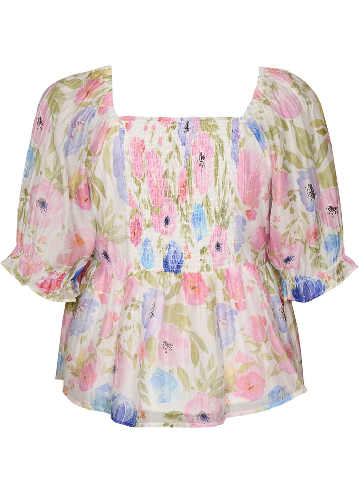 Bluse i lyocell med blomsterprint og hjerteudsk&aelig;ring, Hvid, Packshot image number 1