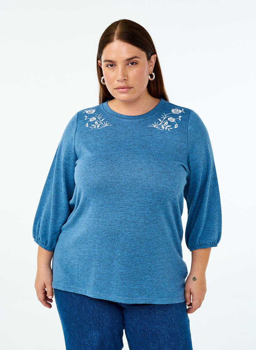 Bluse med blomsterbroderi og 3/4-ærmer, Copen Blue Melange, Model image number 0