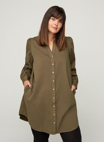 Lang bomulds skjorte med pufærmer, Ivy Green, Model image number 0