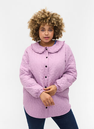 Quiltet jakke med krave og flæsekant, Lavender Mist, Model image number 0