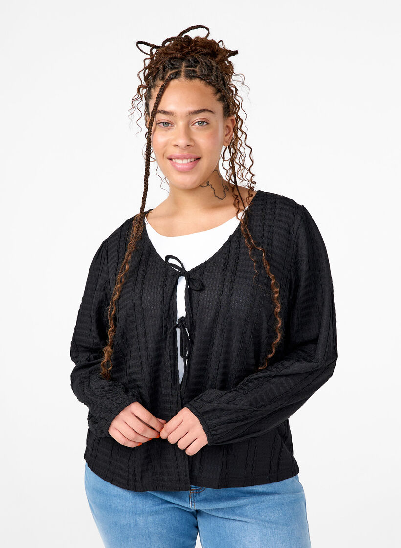 Cardigan med bindebånd, Black, Model image number 0