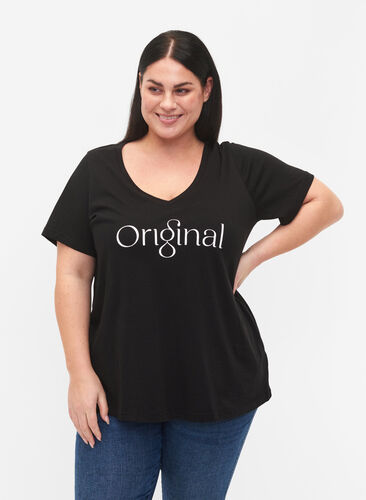 Bomulds t-shirt med teksttryk og v-hals, Black ORI, Model image number 0