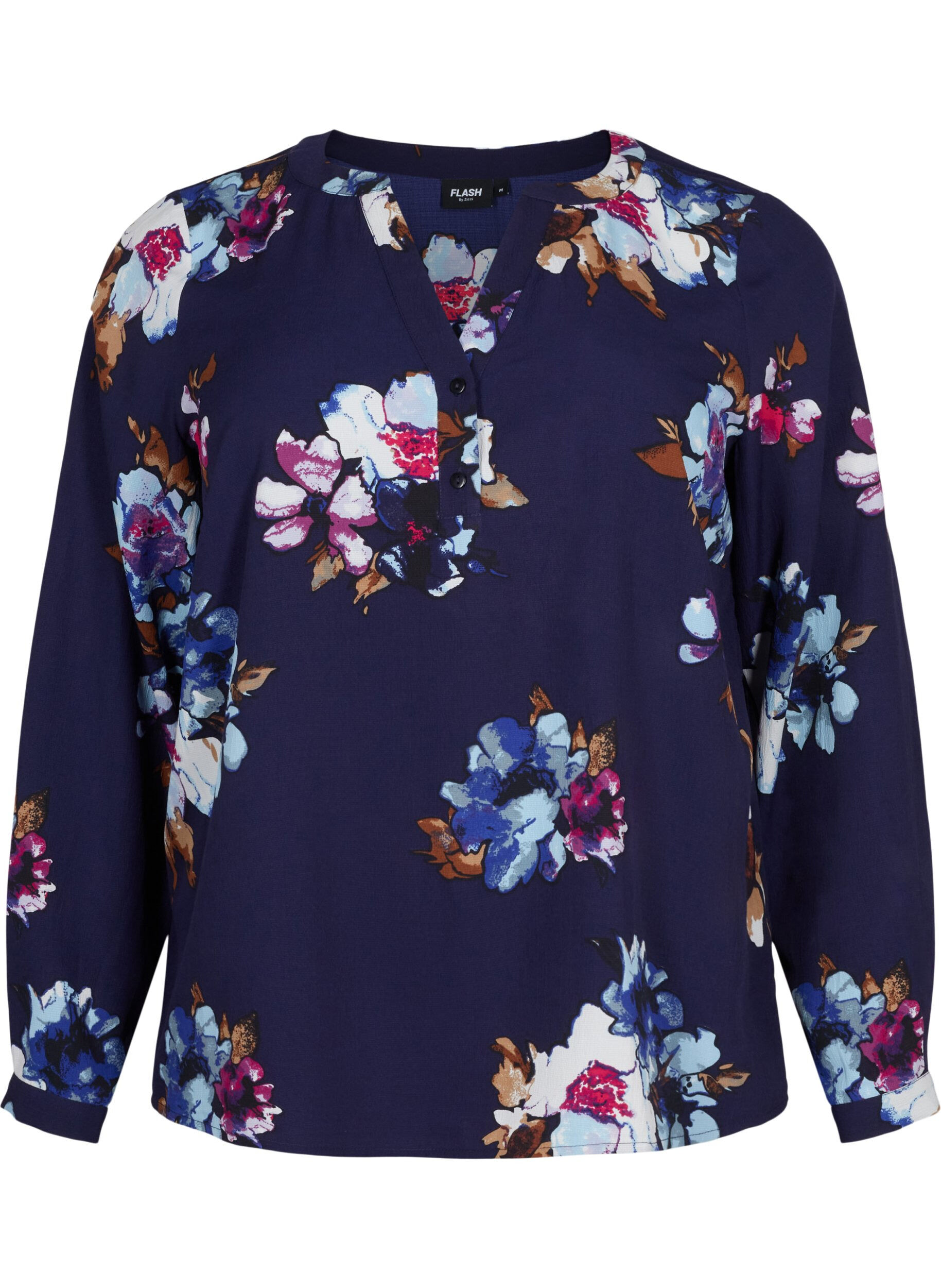 Zizzi FLASH - Lang&aelig;rmet bluse med print, Big Blue Flower, Packshot image number 0