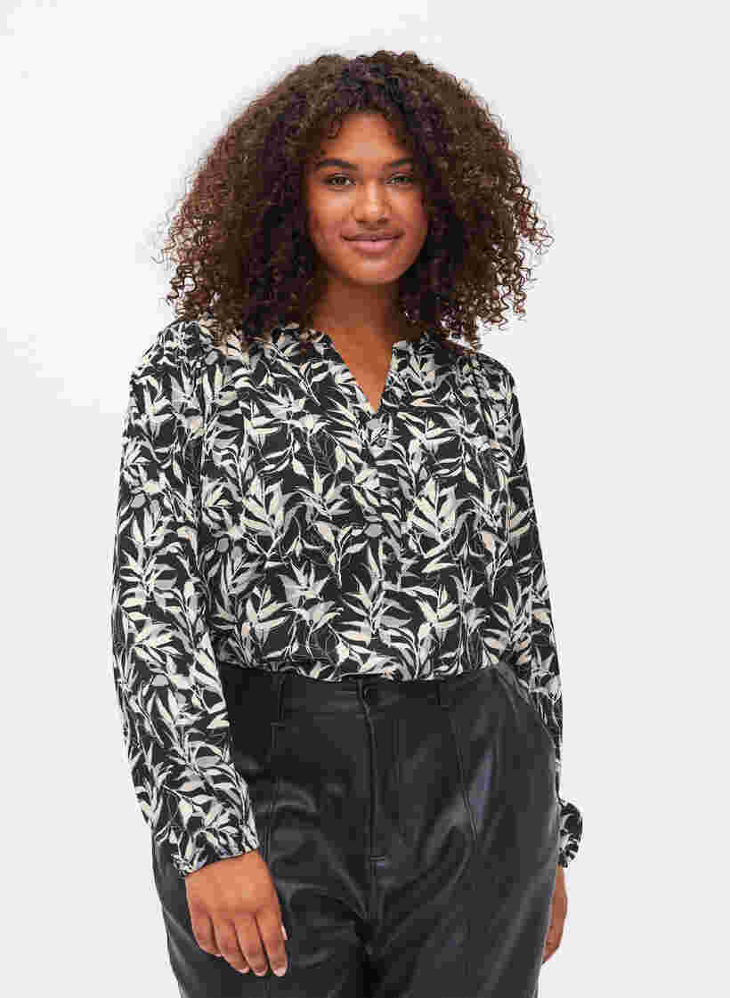 Langærmet bluse med print og v-hals, Leaf AOP, Model image number 0