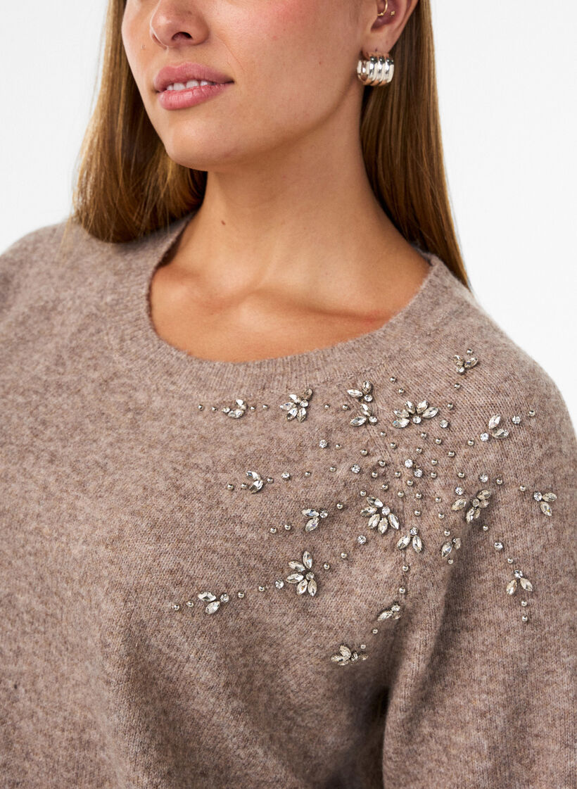 Strikbluse med rhinsten og nitter, Beige, Model image number 3