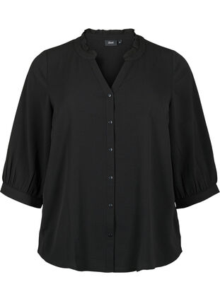 Skjortebluse med 3/4 ærmer og flæsekrave, Black, Packshot image number 0