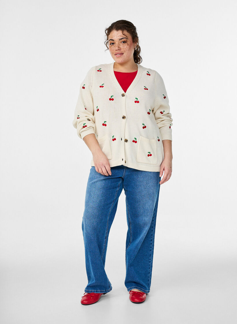 Strikket cardigan med kirseb&aelig;rbroderi, Vanilla, Model image number 1