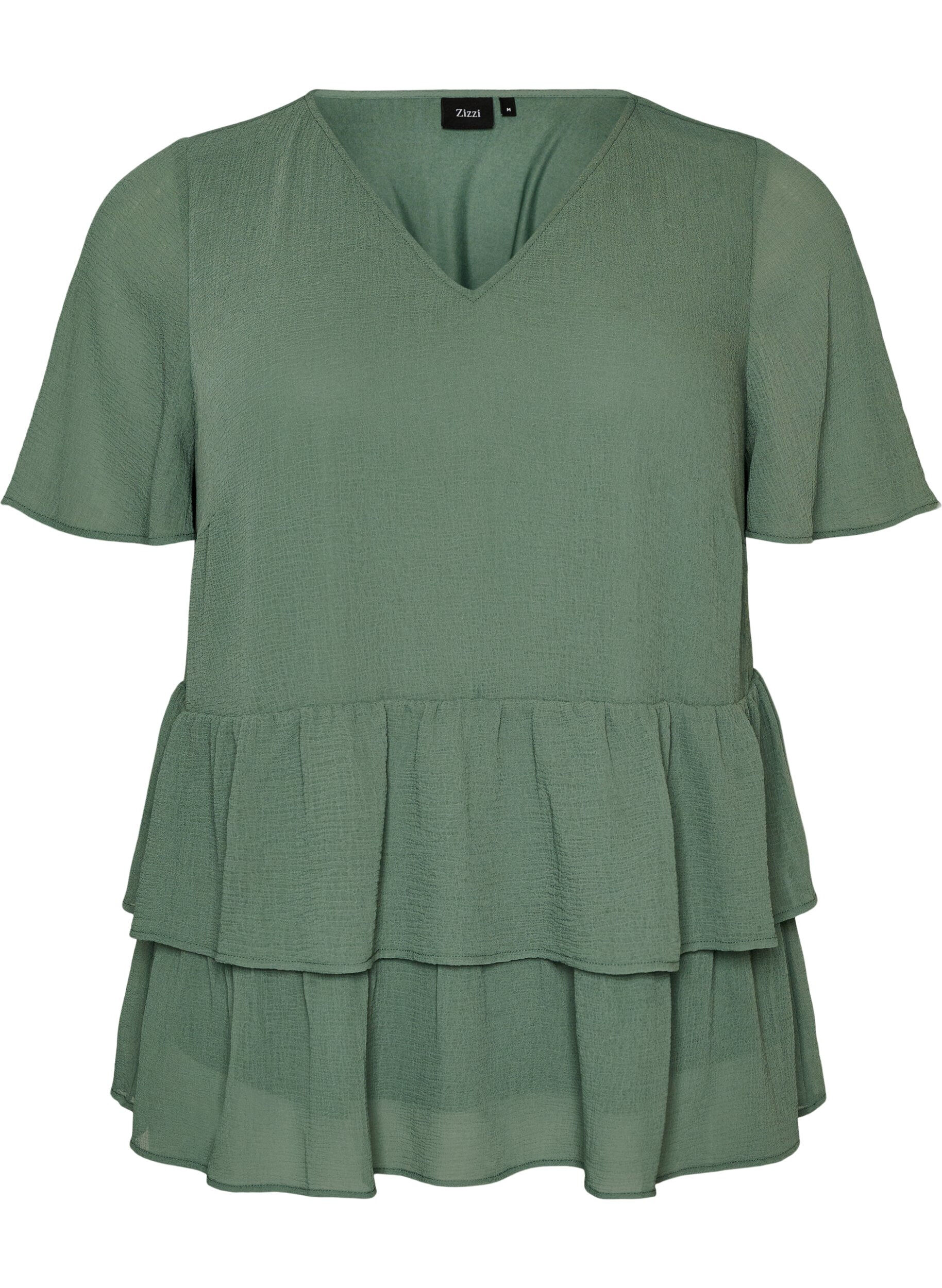 ZizziBluse med V-udsk&aelig;ring og fl&aelig;ser, Gr&oslash;n, Packshot image number 0