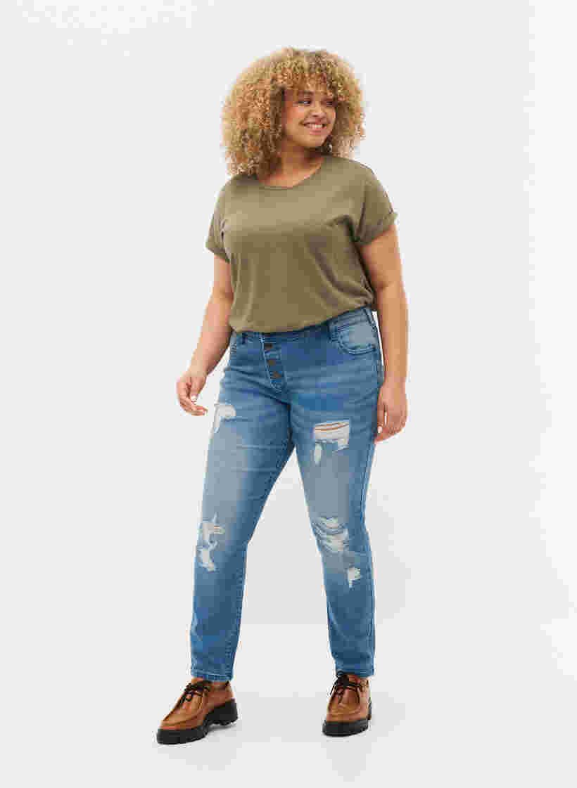 Ripped Emily jeans med regulær talje, Blue denim, Model